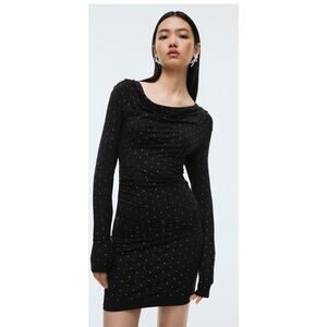 H&M Black Velvet Dress Long Sleeve Med Studded Goth Whimsy Fitted Bedazzled